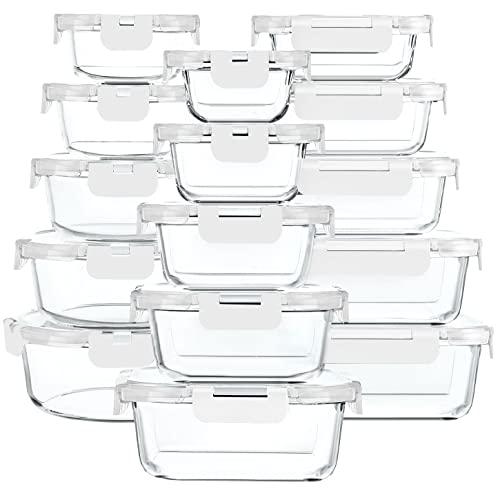 28 Pieces Glass Food Storage Containers with Upgraded Snap Locking Lids,Glass Meal Prep Containers Set - Airtight Lunch Containers, Microwave, Oven, Freezer and Dishwasher Friendly (White)