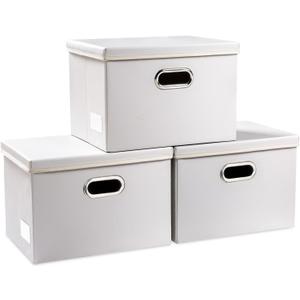 PRANDOM Collapsible Storage Bins with Lids [3-Pack] Leather Fabric Foldable Storage Boxes Organizer Containers Baskets Cube with Cover for Bedroom Closet Office Nursery White (14.9x10.8x10)