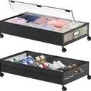 Under Bed Storage Containers Under Bed Storage with Wheels Metal Foldable Under Bed Shoe Storage Container Tool-Free Storage Organizer Drawer for Clothes, Shoes(2 pieces, Medium Black)