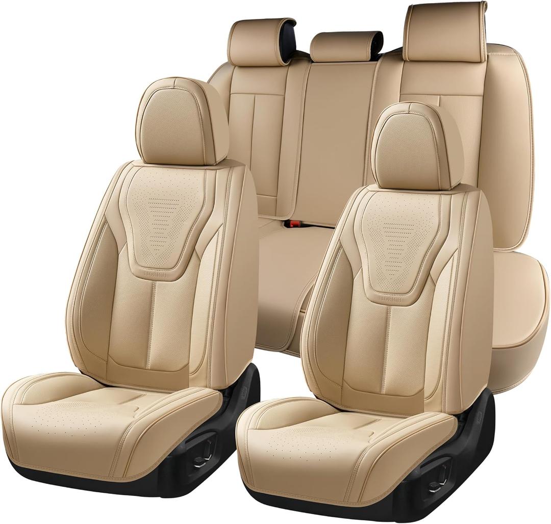 Automotive Seat Covers, Beige Car Seat Cover Full Set, Luxury Faux Nappa Leather Automotive Seat Protectors, Car Seat Cushions Universal Fit for Most Sedans SUVs Trucks - Beige