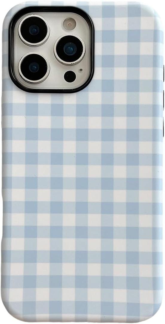 Blue Gingham Phone Case for iPhone 15 Pro 6.1in,Retro Cute Aesthetic Striped Checkered Trendy Chic Picnic Plaid Hybrid 2 Layers Hard Protective Cover for Girls Women