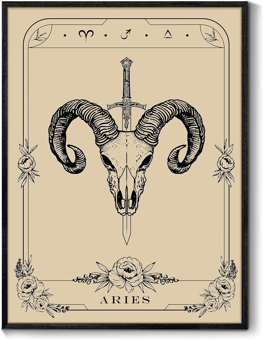 SERIMINO Witchy Framed Wall Art, Aries Tarot Canvas Prints Paintings, Horoscope Dark Academia Home Decor Aesthetic, 12X16inch Gothic Wall Decor for Room