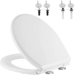 Hibbent Premium Round Toilet Seat with Cover Quiet Close, One-Click to Quick Release, Easy Installation Non-Slip Seat Bumpers, Slow Close Toilet Seat and Cover, Easy Cleaning-White Color