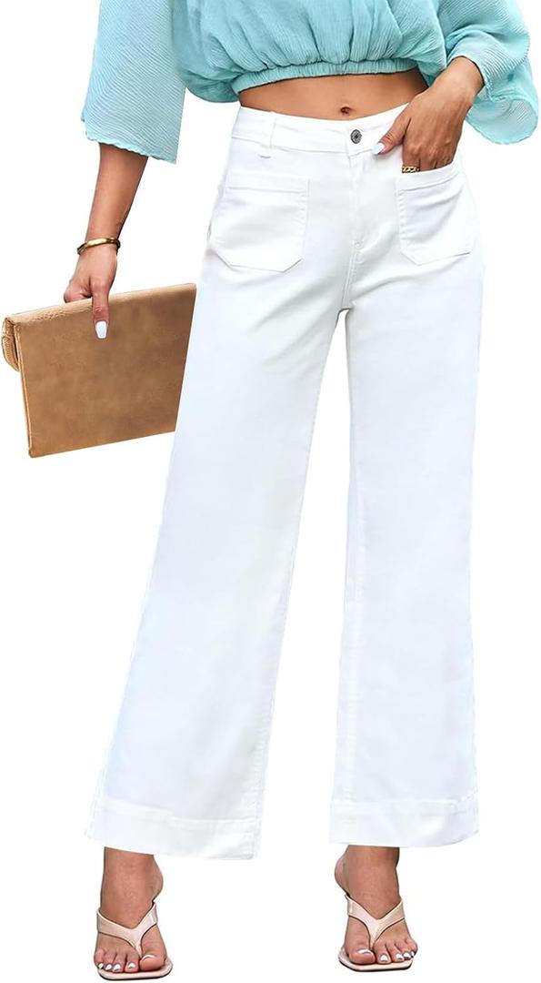 KUNMI Women's Wide Leg Jeans High Waisted Straight Leg Stretchy Denim Pants with Pockets (4, White)