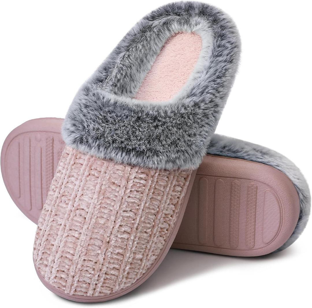 Shoeslocker Women's Memory Foam Fuzzy Slippers Knit house shoe for Women Comfy Wool-Like Lined Slippers Indoor Outdoor 9