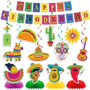 Cinco de Mayo Party Decorations - 14 Pcs Happy Mexican Fiesta Supplies Favors Pre-strung Banner Hanging Swirls Honeycomb Centerpieces Wall Ceiling Decor Set for Office Home Indoor Outdoor