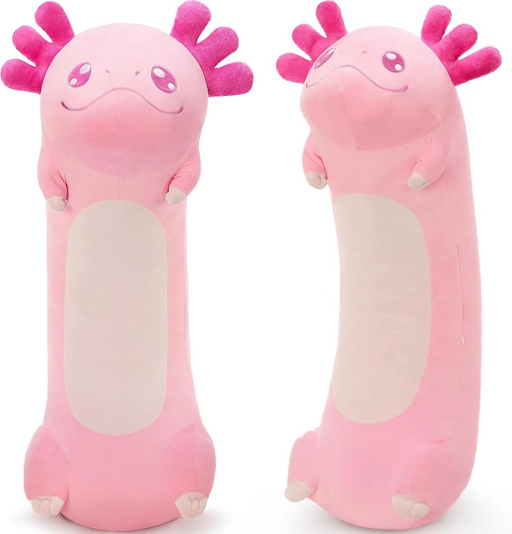 Tezituor Long Axolotl Plush Body Pillow, 39.5 Inches Giant Pink Axolotl Stuffed Animal Soft Hugging Pillow Big Salamander Toys for Girls Kids Birthday Gifts
