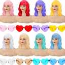 16 Pcs Short Colored Wig and Sunglasses Set for Bachelorette Party Curly Wavy Wig Bulk for Women Halloween Cosplay Neon Bachelor Wedding Neon Birthday Party Favor, 8 Colors