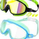Rantizon Swim Goggles 2 Pack, Wide View Anti Fog&UV Swimming Goggles for Audlt, No Leaking Swim Glasses for Men Women Kids (Green & Light Blue)