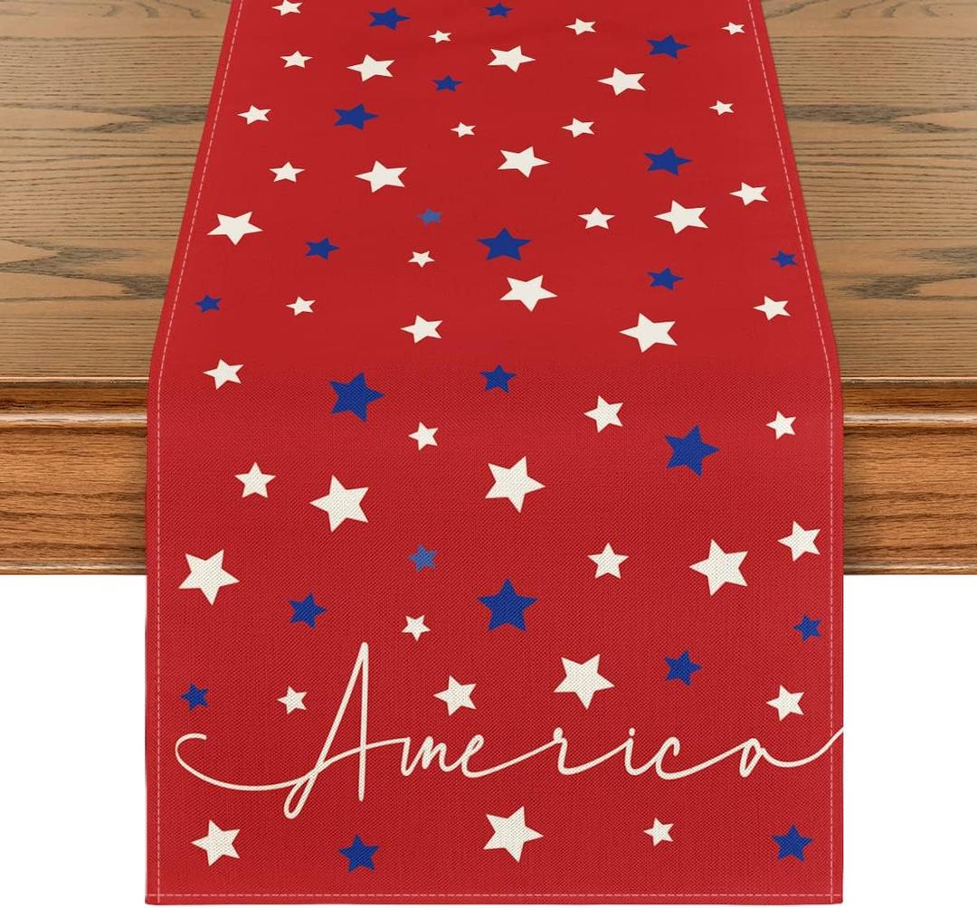 Artoid Mode Red Stars America Patriotic Memorial Day 4th of July Table Runner, Independence Day Holiday Kitchen Dining Table Decor for Home Party Decoration 13 x 72 Inch