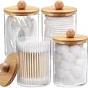 Tbestmax Pack of 4 Qtip Holder, 10-Ounce Bathroom Organizer Accessories Storage Containers Clear Plastic Apothecary Jars with Bamboo Lids for Cotton Ball, Cotton Swab, Floss