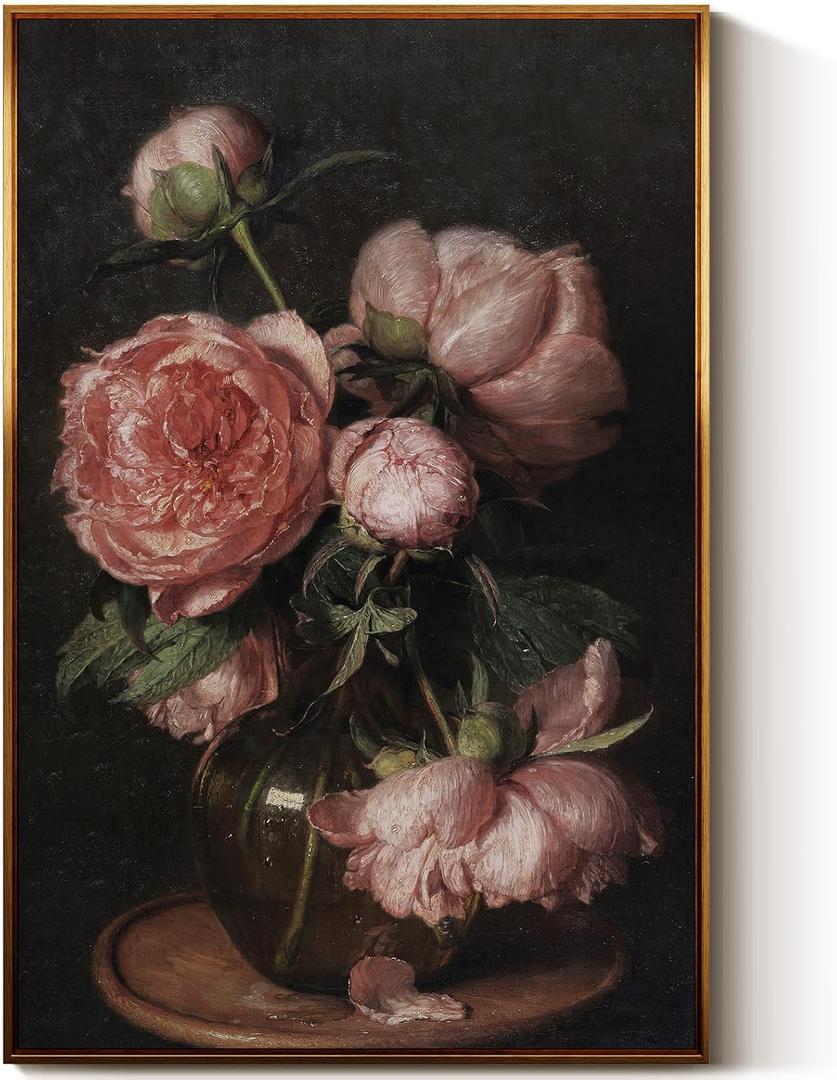 InSimSea Golden Framed Vintage Canvas Wall Art Peonies Still Life with Flowers Floral Painting 24x36in, Moody Rustic Bouquet of Roses in Vase Wall Decor, Pink Peony Print Farmhouse Home Decor