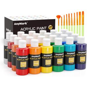 AnyMark Acrylic Paint Set, 24 Classic Colors with 10 Brushes, 2 fl oz/60ml Bottles, Art kit Painting Supplies for Kids Adults Canvas, Rock, Wood