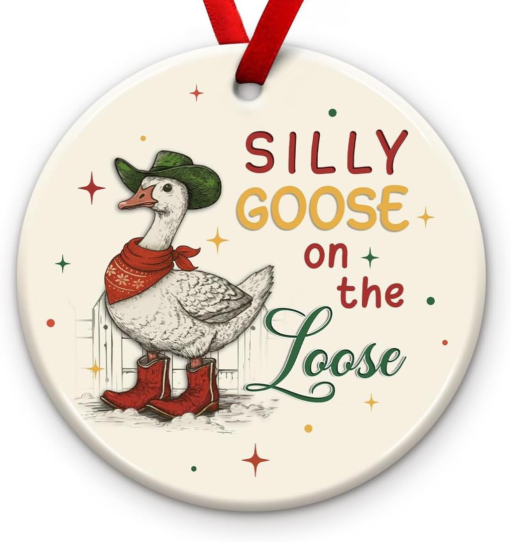 2 x Funny Goose Christmas Ornament - Silly Goose On The Loose Ceramic Ornament, Cute Farm Animal Gifts - Funny Duck Xmas Tree Hanging Decor, Ideas for Friends, Coworkers