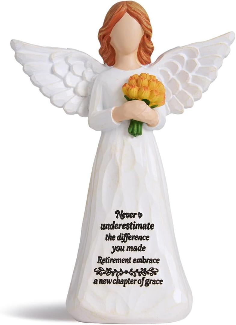 Retirement Gift for Woman, Happy Retirement Gifts for Women Teacher Nurse Friend Coworker, 7 Angel Figurine for Retirement Party Decorations (Yellow Tulip Retired Angel)