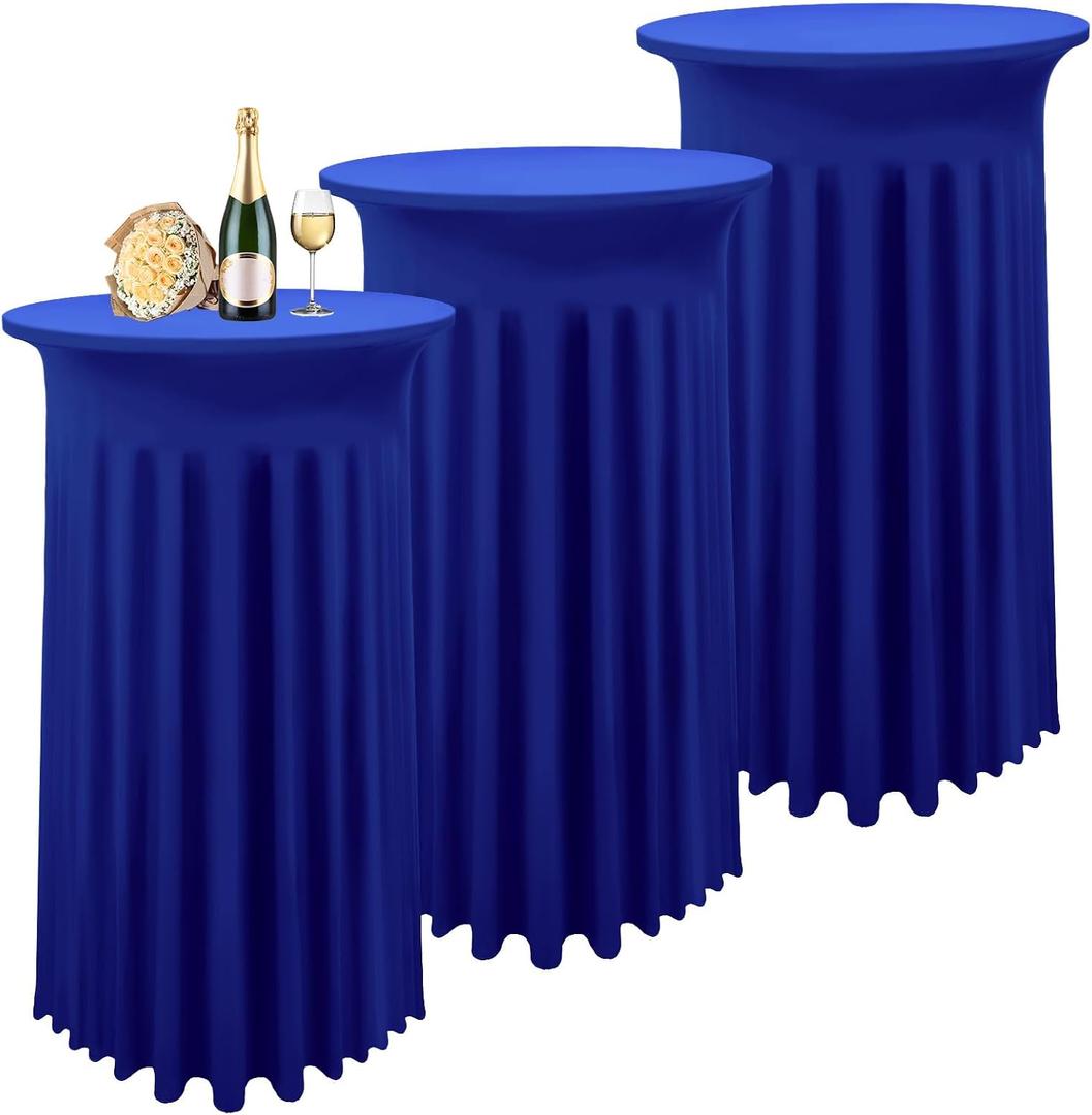 3 Packs Cocktail Table Covers Spandex Stretch Royal Blue Round Tablecloth With Skirt, 32"x 43" Upgraded Model High Top Fitted Dress for Party Wedding Banquet