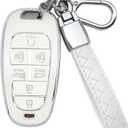 for Hyundai Key Fob Cover 7 Button with Leather Keychain Soft TPU 360 Degree Protection Car Key Case Shell Holder Fits for 2023 2022 2021 2020 Hyundai Sonata Santa fe Tucson, White (Silver Edge)