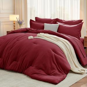 MUXHOMO 7 Pieces Queen Comforter Set, Soft Bed in a Bag Queen Size, All Season Bedding Set with Comforter, Flat Sheet, Fitted Sheet, Pillowcases & Shams, Burgundy Red