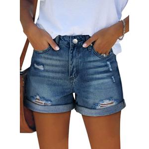 KISSMODA Denim Shorts Women Trendy Button Summer Cut Off Short Womens Jean Shorts High Waisted Denim Hot Ripped Shorts (Blue, M)