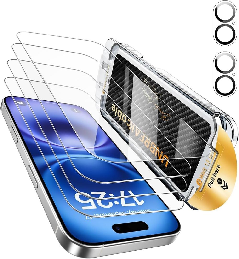 UNBREAKcable for iPhone 16 Screen Protector 4+2 Pack [9H+ Military-Grade Shatterproof] [Effortless Bubble-Free Installation] Ultra HD Clarity Tempered Glass with Lens Protector, Case friendly