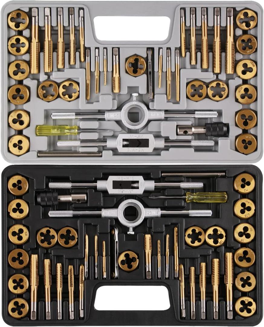 Brass Coated 80pcs SAE & Metric Tap and Die Set, Metric Standard Rethreading Tool Kit, Coarse and Fine Threads for Cutting External and Internal Threads, Essential Repair Tool Kit with Case