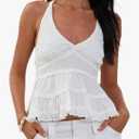 Women Y2K Solid Color Halter Neck Shirt V Neck Ruched Front Lace Trim Backless Crop Tank Top Cute Ruffle Hem Vest, L