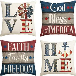 AVOIN colorlife God Bless America Throw Pillow Covers 20 x 20 Set of 4, Faith Family Freedom 4th of July Independence Memorial Day Patriotic Decorations for Sofa Couch