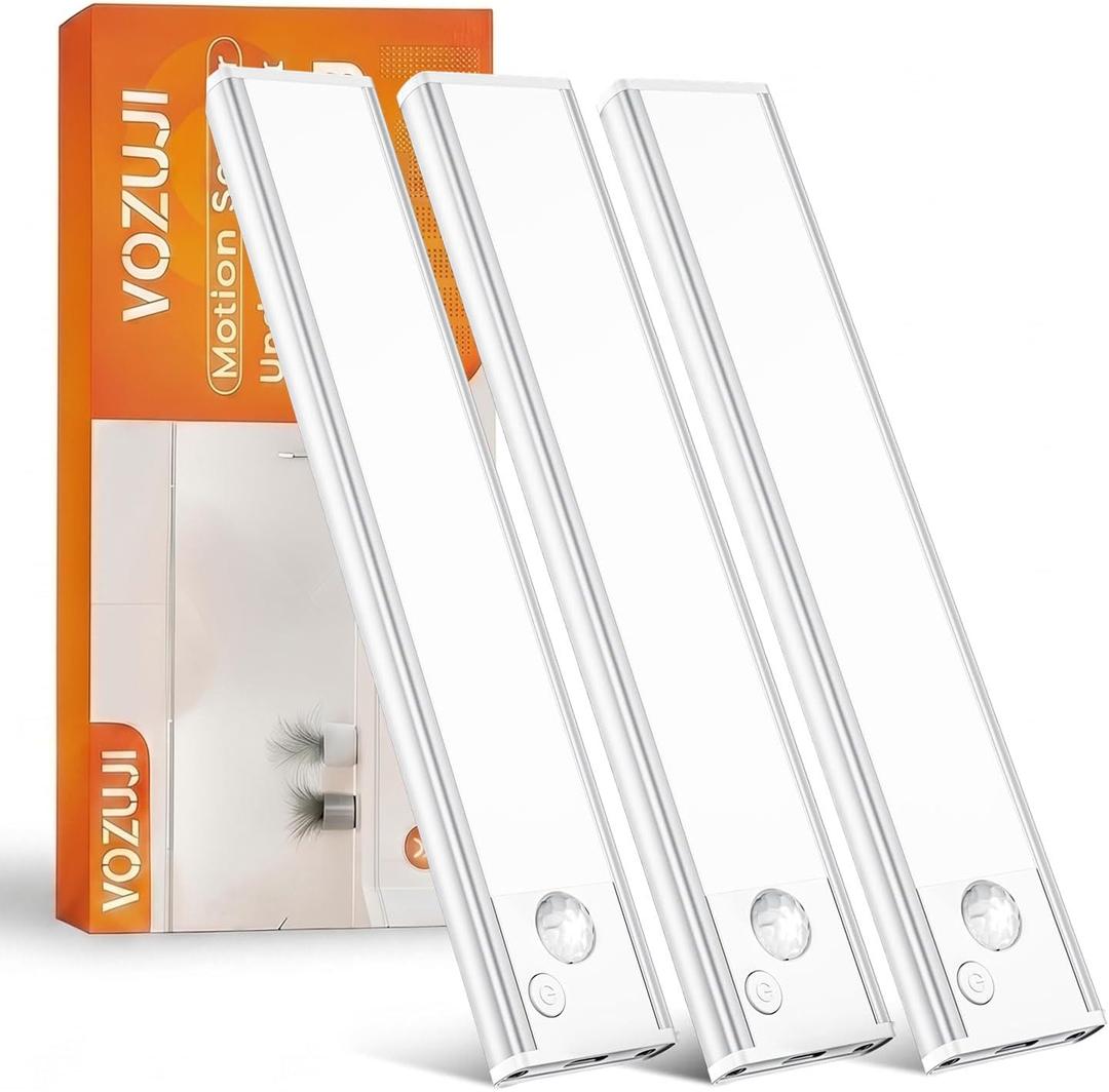 Under Cabinet Rechargeable Lighting: Motion Sensor Dimmable Lights Indoor - Battery Operated Lights - Wireless Activated Closet Light Magnetic Led Light for Kitchen Home Bathroom Counter Shelf (8 Inch, White 3 Pack)