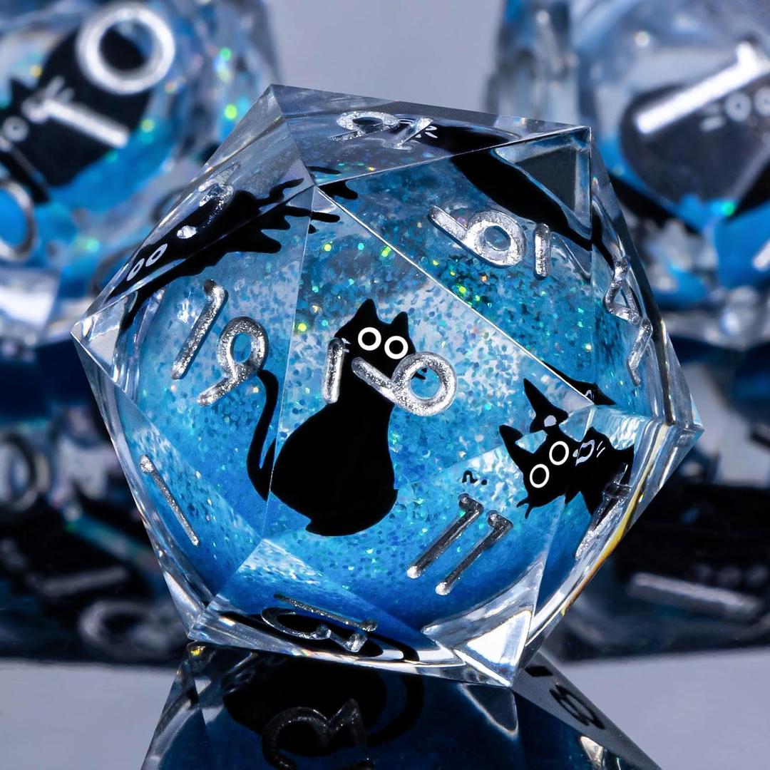 Resin DND Dice Set with Gift Box, 7Pcs Liquid Core Cat D&D Dice, Cute Dungeons Dragons D and D Dice, Sharp Edge Role Playing Game Dice D20 D12 D10 D8 D6 D4, Blue