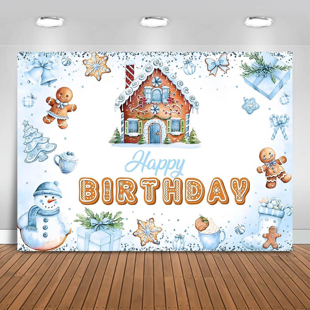 Christmas Gingerbread Birthday Backdrop for Boys Gingerbread Theme Happy Birthday Party Decorations Photography Background Candy House Banner Photo Booth Props (Blue, 7x5ft)