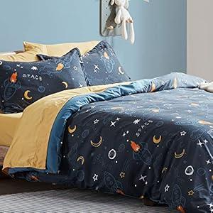 SLEEP ZONE Kids Duvet Cover Set Twin Size 2 Pieces - Super Soft & Cute Comforter Cofver with 1 Pillow Sham, Easy Care Zipper Closure (Navy Space, Twin)