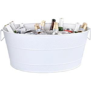 BREKX White Galvanized Beverage Tub for Parties, Metal Ice and Drink Bucket Beverage Tub, Large Drink Cooler for Parties Large 15-Bottle Wine Basket for Wedding Gift- 25QT (6 Gallon) Oval