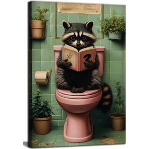 Funny Raccoon Bathroom Canvas Wall Art Picture Humorous Animal Poster Prints Raccoon Sitting On The Toilet Reading Book Painting Wall Decor for Washroom Restroom 16x24in Framed Ready To Hang