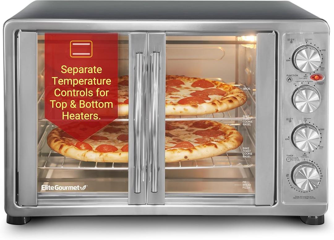 Elite Gourmet ETO-4510M French Door 47.5Qt, 18-Slice Convection Oven 4-Control Knobs, Bake Broil Toast Rotisserie Keep Warm, Includes 2 x 12" Pizza Racks, Stainless Steel, 18-slice, 45l