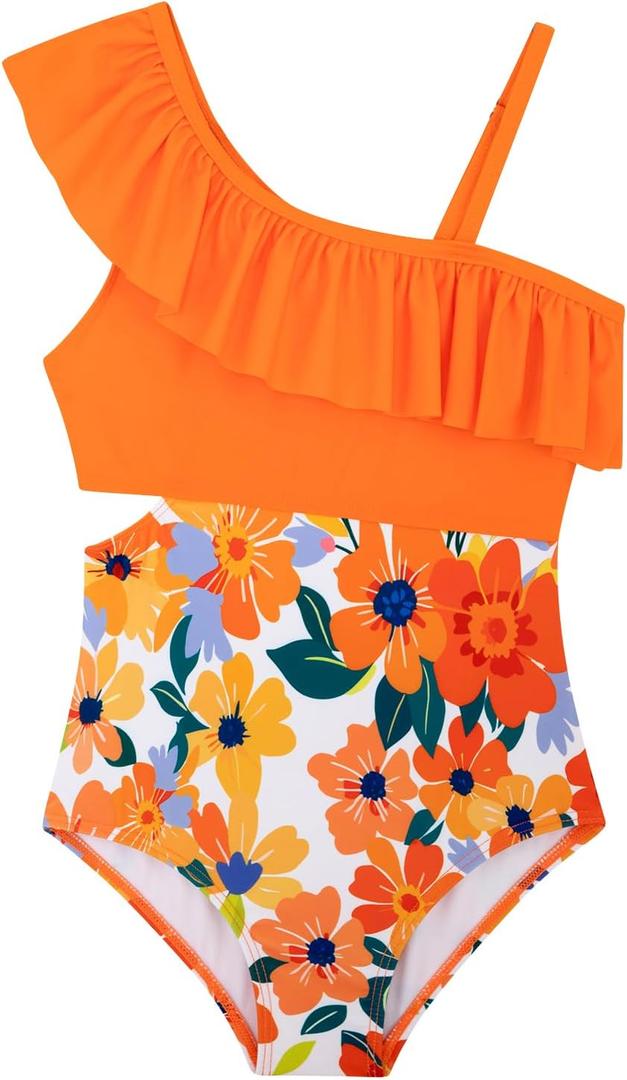 Girls One Piece Swimsuits Cutout Ruffle Bathing Suit Quick Dry Beach Swimwear with Adjustable Strap  (6-7 Years, Orange Floral)