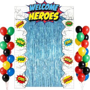 80PCS Hero Themed Birthday Party Decorations Supplies - Door Porch Banner Backdrop Balloons Blue Foil Fringe Curtains for Kids Birthday Baby Shower Classroom Photo Booth Prop
