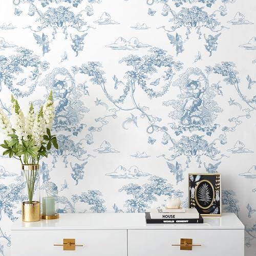 CiCiwind Peel and Stick Wallpaper Blue and White Toile Wallpaper Vintage Removable Waterproof Wall Paper for Bathroom Bedroom Living Room French Contact Paper for Cabinets Vinyl Rolls 17.3"×197"