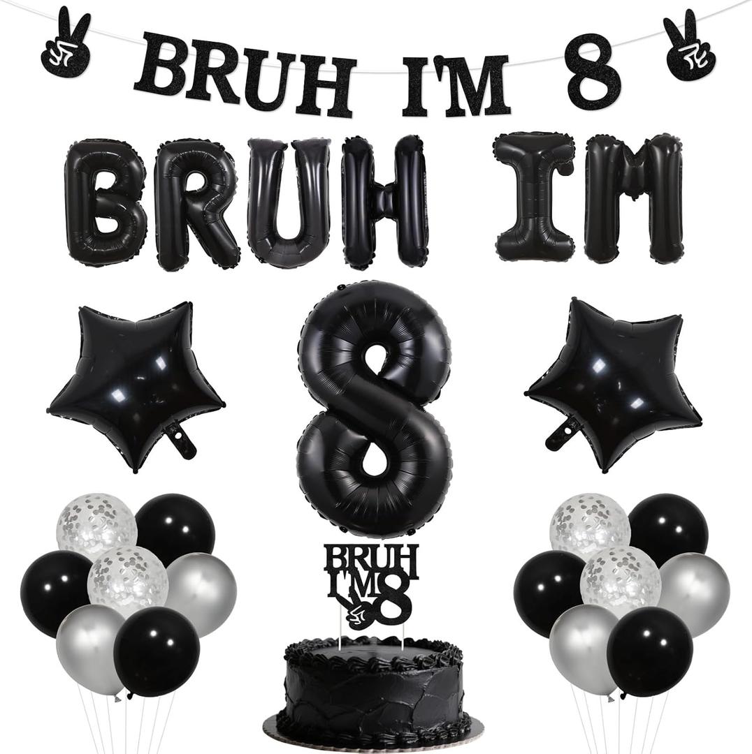 Bruh Its My Birthday Decor Black Bruh I'm 8 Birthday Decor Balloon Banner Bro I'm 8 Cake Topper Star Balloon Great to Be Eight Funny Happy 8th Bday Supplies for Teen Boy 8th Party