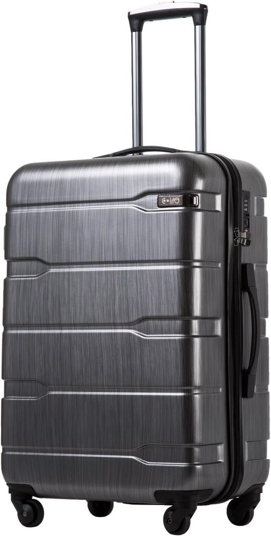 Coolife Medium Checked Luggage Hardside PC+ABS Suitcase with TSA Lock, Lightweight Rolling Carry On with Spinner Wheels(Charcoal, 24in)