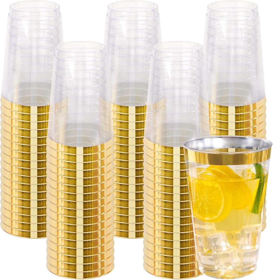 I00000 100 Pack 20 oz Gold Plastic Cups, Elegant Gold Rimmed Plastic Cups, Disposable Cocktail Glasses, 20 oz Premium Tumblers Perfect for Birthday, Party & Wedding