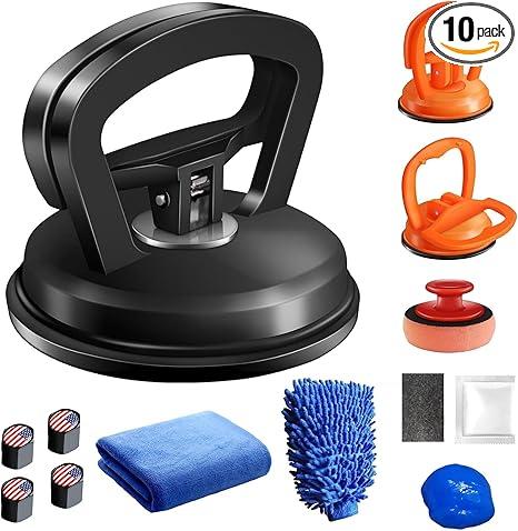 Dent Puller Car Dent Puller Kit 10Piece & Smooth Surfaces Object Lifter Kit (2xOrange+Black)  Dent Remover Tool for Car Dents,Glass Tiles,Screens | Includes Cleaning Putty & Valve Stem Caps