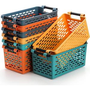 Yesland 8 Pack Plastic Storage Basket for Shelves, 12 x 6 x 5 Inches Basket Organizer Bin with Handles Sturdy Closet Baskets for Home Office Closet - Yellow, Orange, Blue, Green