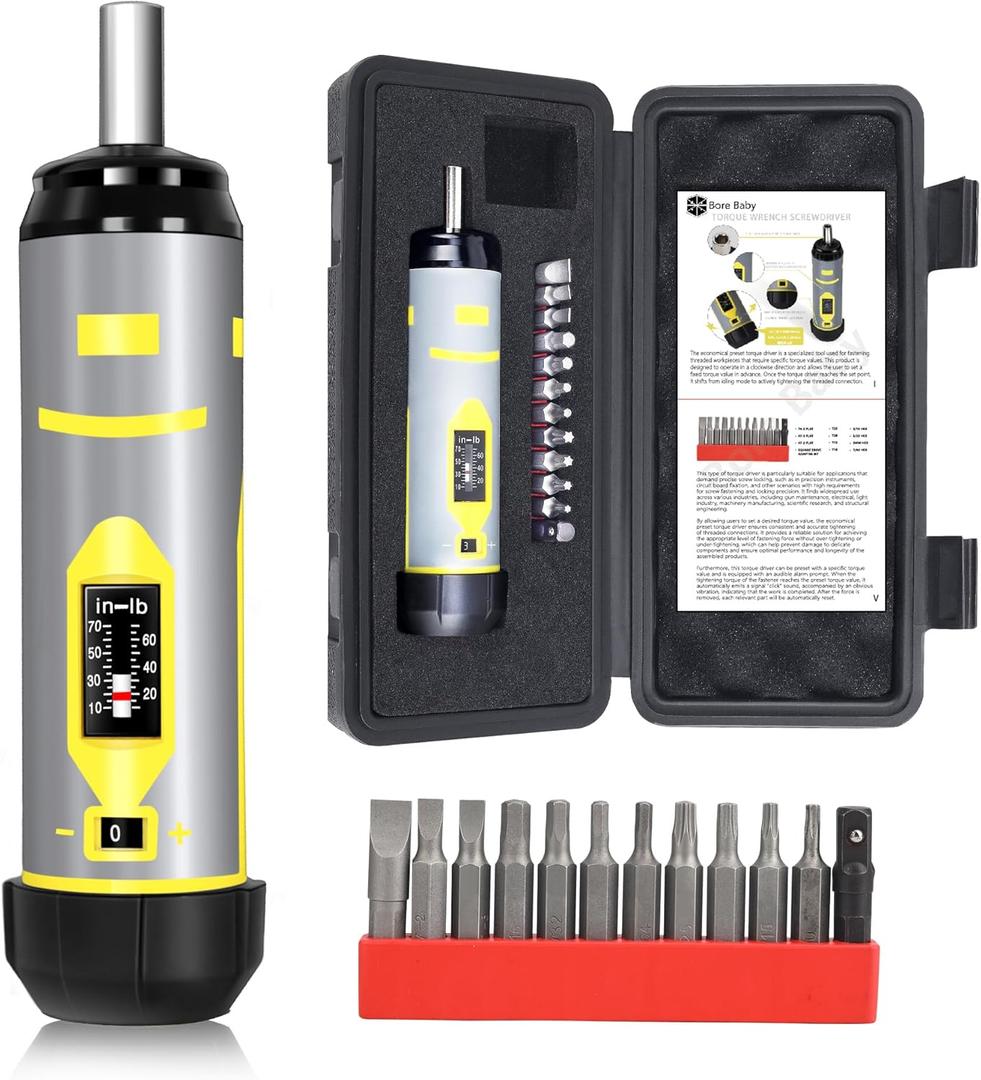 Torque Screwdriver Wrench Set 10-70 Inch Pounds for Professional Maintenance, Firearms Accurizing Gunsmithing, Scope Mounting, Tools with 1/4" Adapter, Hex, Torx, Flat S2 Bits, Soft-Grip Handle, Gray