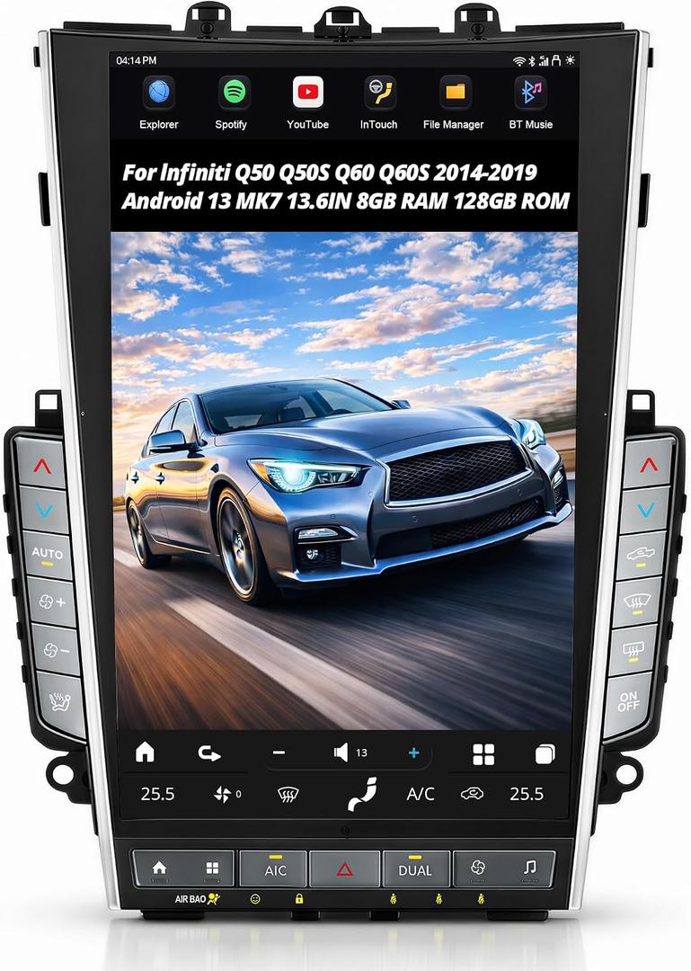 AuCar Mark 7 13.6 Inch Touch Screen Android 13 Car Radio for Infiniti Q50 Q50S Q60 Q60S 2014-2019 Head Unit Wireless Carplay Android Auto GPS Navigation Multimedia Player 8GB RAM 128GB ROM