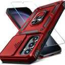 Janmitta Compatible with Samsung Galaxy A35 5G Case Built in Slide Camera Lens Cover+Screen Protector+Finger Ring Holder Kickstand,Heavy Duty Shockproof Full Body Phone Cover,2024 Red