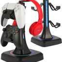 Controller Headset Stand with 10 Color Light Modes - RGB Headphone Holder for PS5, Xbox, Switch - Gaming Room Decor, Desk Organizer for Gamers