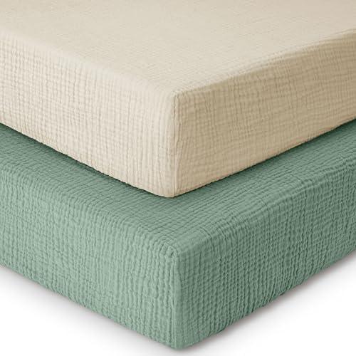 Yoofoss Muslin Crib Sheets for Boys Girls 100% Cotton Fitted Baby Crib Sheet 2 Pack Soft and Breathable for Standard Crib Mattress & Toddler Mattress 24"x38"+5inch.  61×96+13cm Apricot&Green