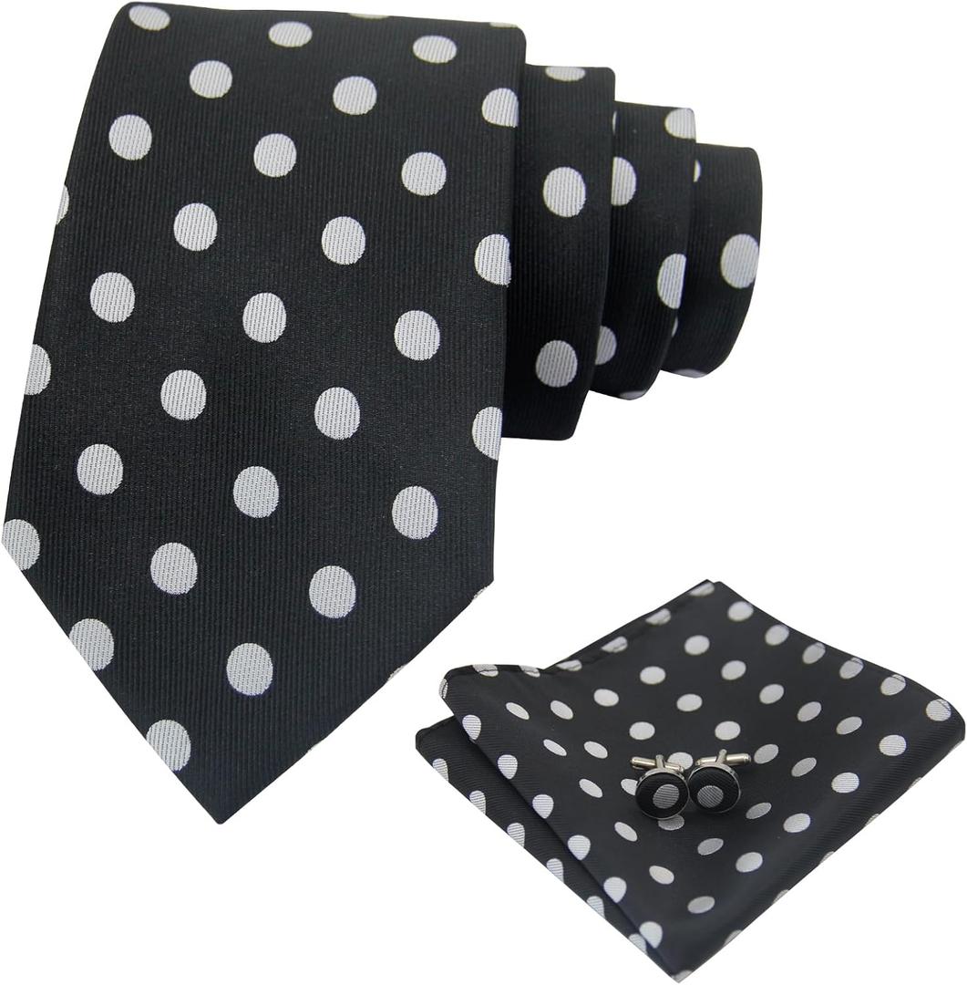 Men's Tie Sets, Black and White Polka Dot Ties for Men with Pocket Square Tie Bar/Cufflinks for Wedding Business