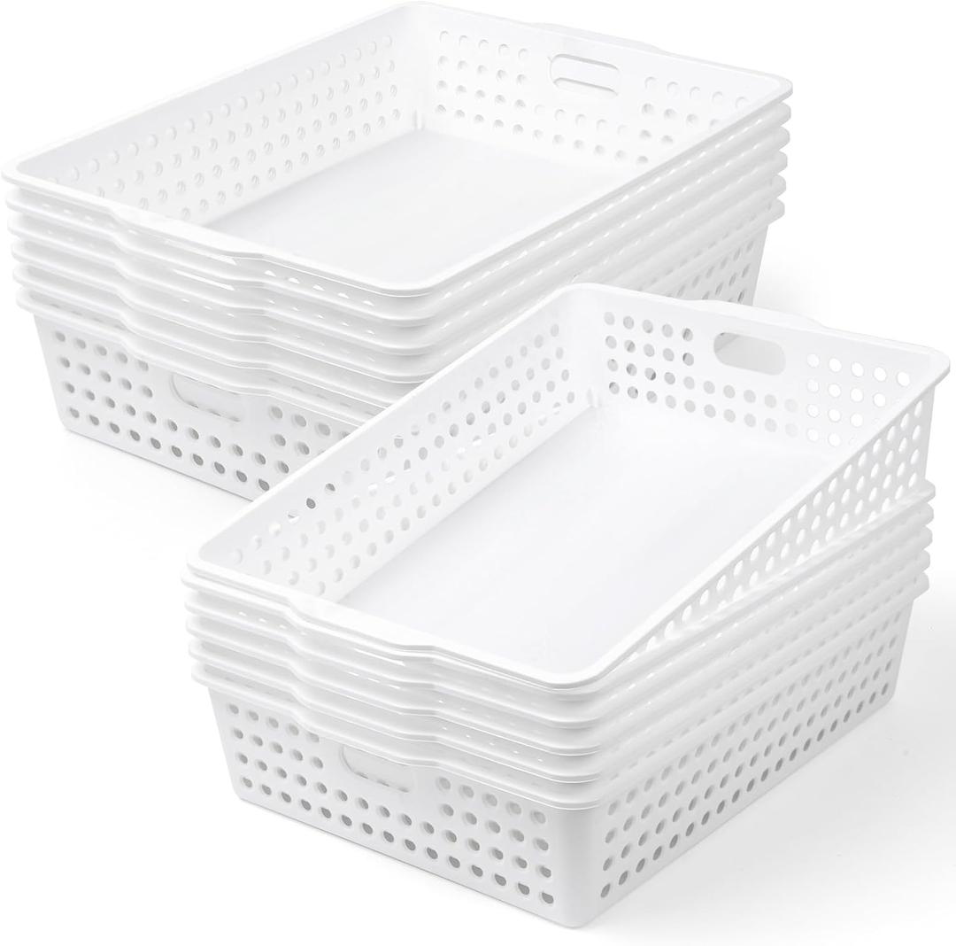 12 Pcs Plastic Storage Baskets Bulk 14 x 10 In Stackable Storage Bin with Handles A4 Size Desktop File Letter Organizer Tray Multi-purpose Container for Shelve Desktop Classroom Office Home Playroom