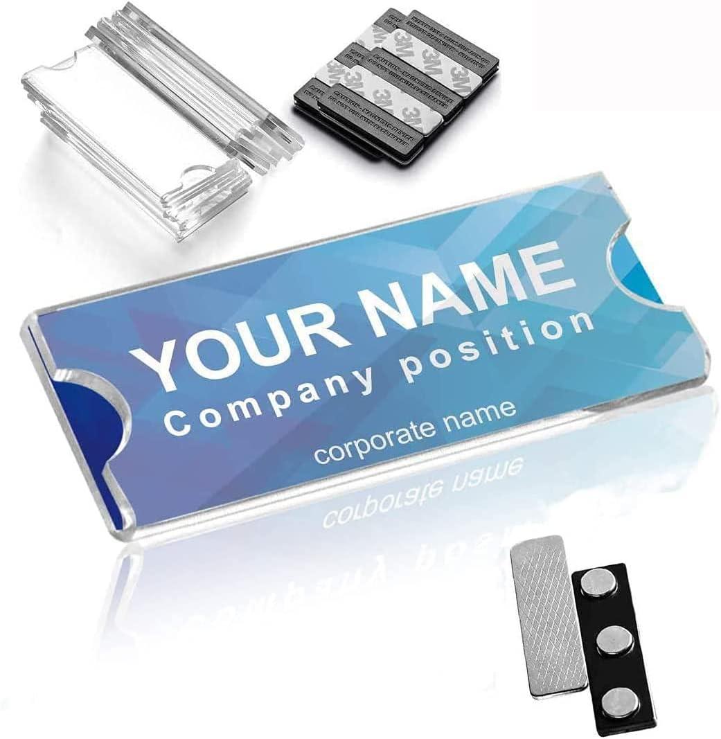 Magnetic Name Tags Kit, Magnetic Badge Holders w/ 3 Strong Neodymium Magnets, 3M Adhesive Tape, Clear Acrylic Mini Sign Display Holder and Printable Name Label, Business Name Tag/ID Badge Set of 10 (10 Packs)